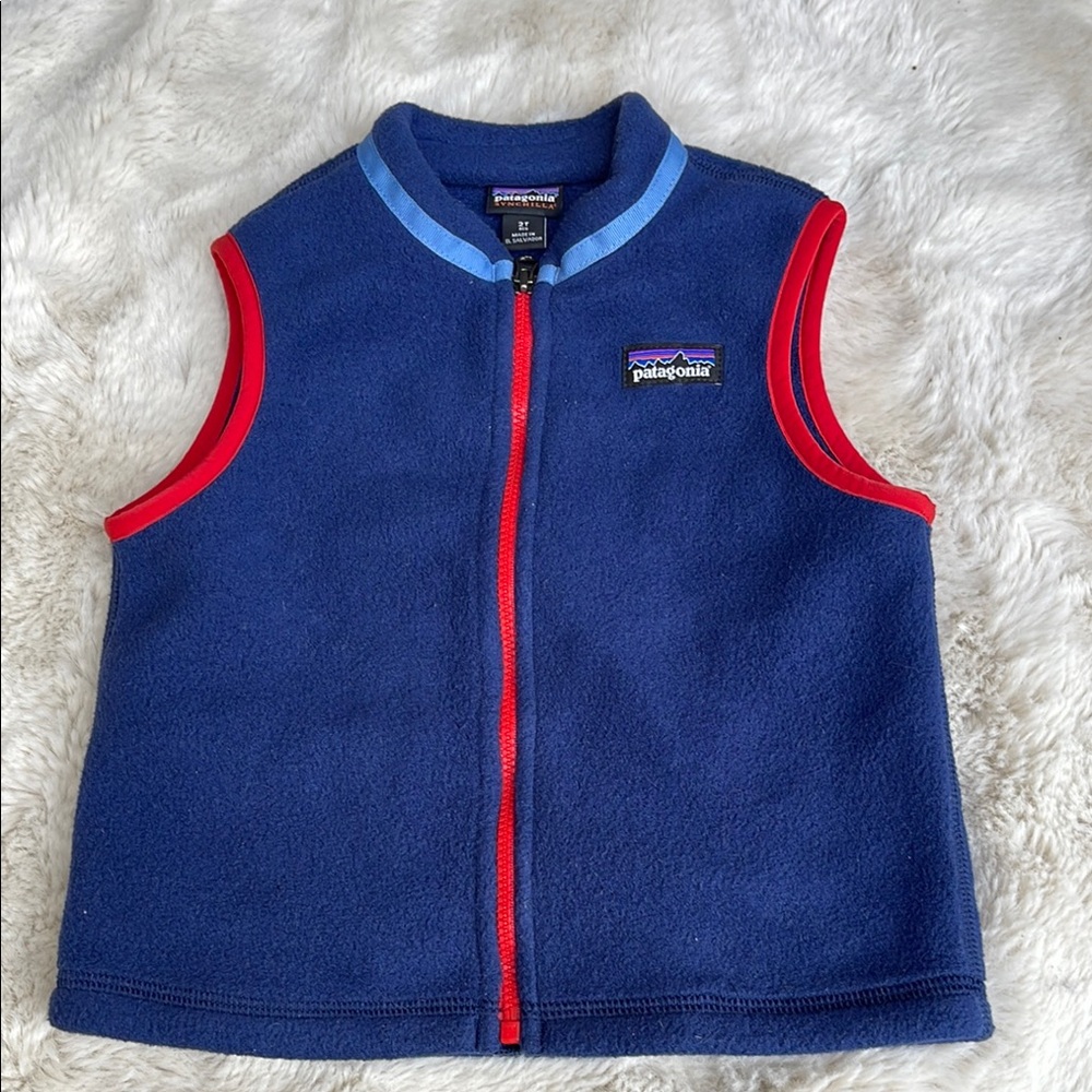 Patagonia Kids Navy Blue Fleece Vest with Red Trim